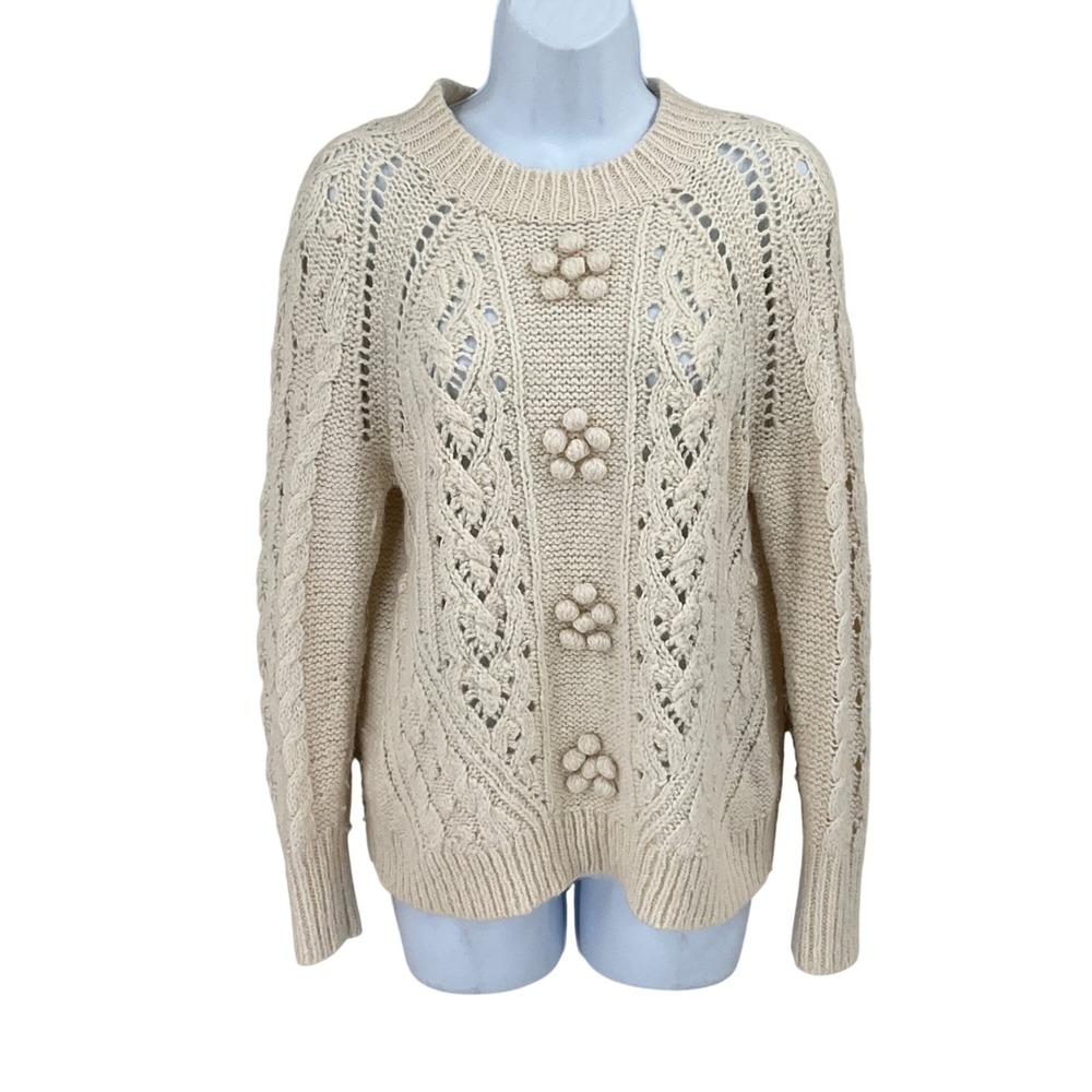 J.Crew Sweater Womens S Ivory Wool Alpaca Cable Knit Pointelle Floral Pom Boho